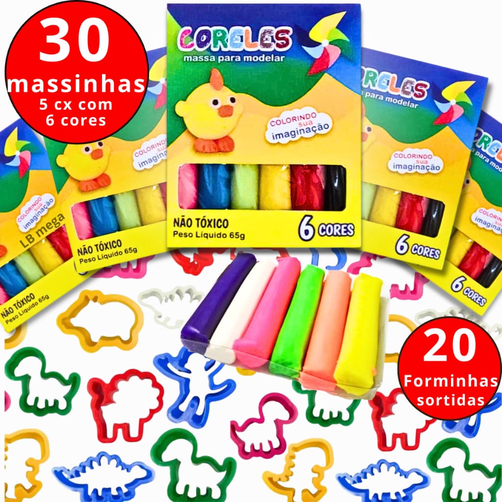 Kit 30 Unidades de Massinha  + 20 moldes Forminhas Sortidas para modelar Infantil  (5 caixas 65gr)