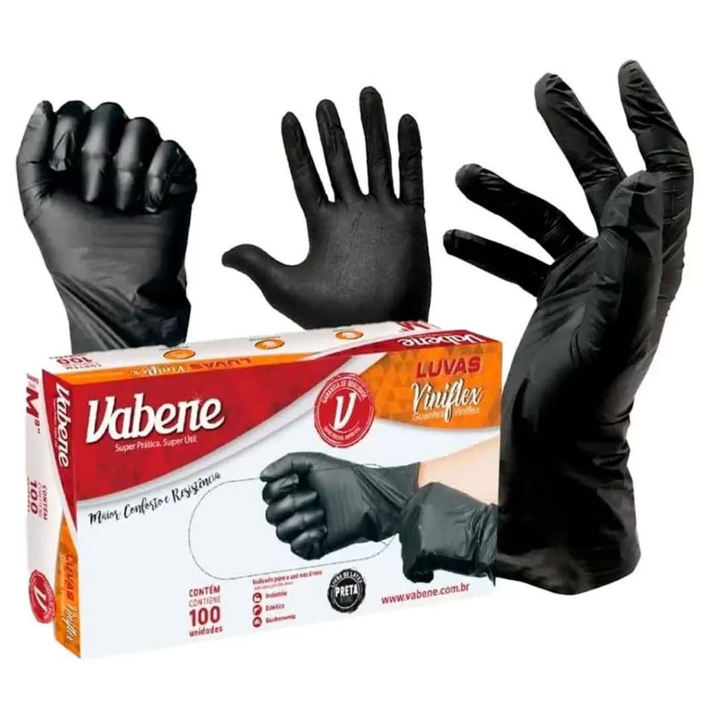 Luvas Descartáveis Viniflex Vabene Preta P - Caixa com 100 Unidades | Super Resistente e Confortável
