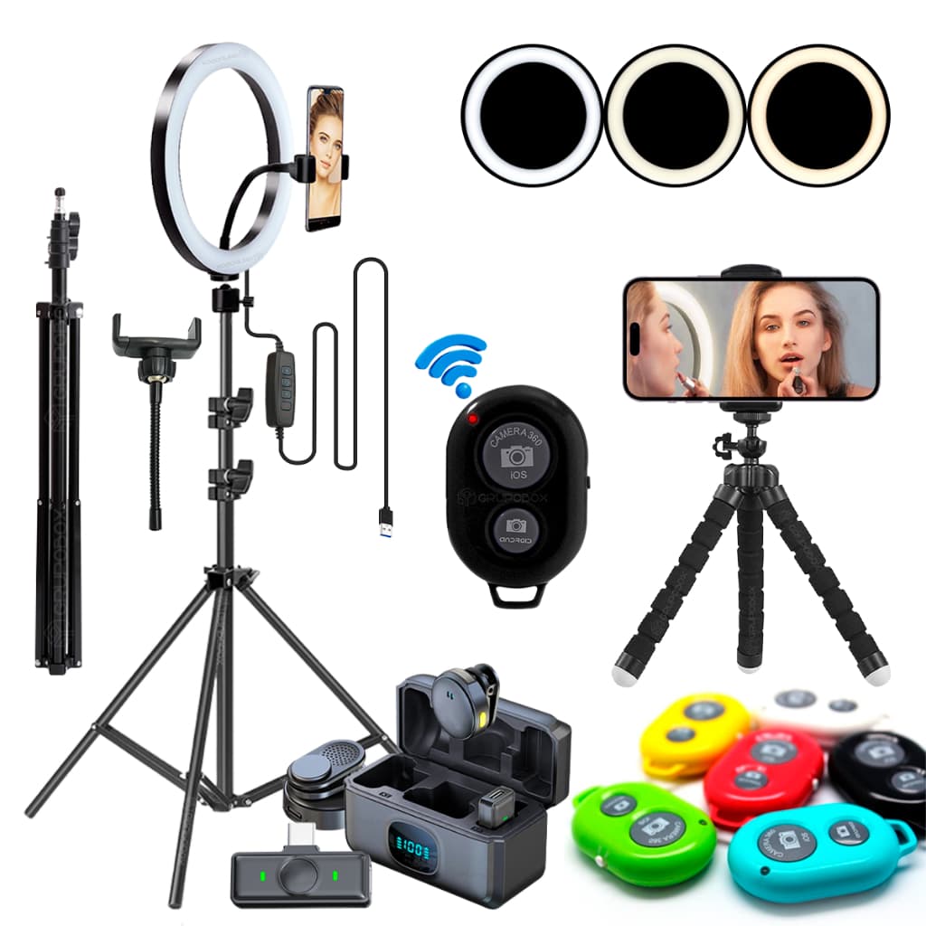 Kit Youtuber Microfone Sem Fio Profissional Tripé 2.10 Ring Light Iluminador 10 Pol Android Iphone