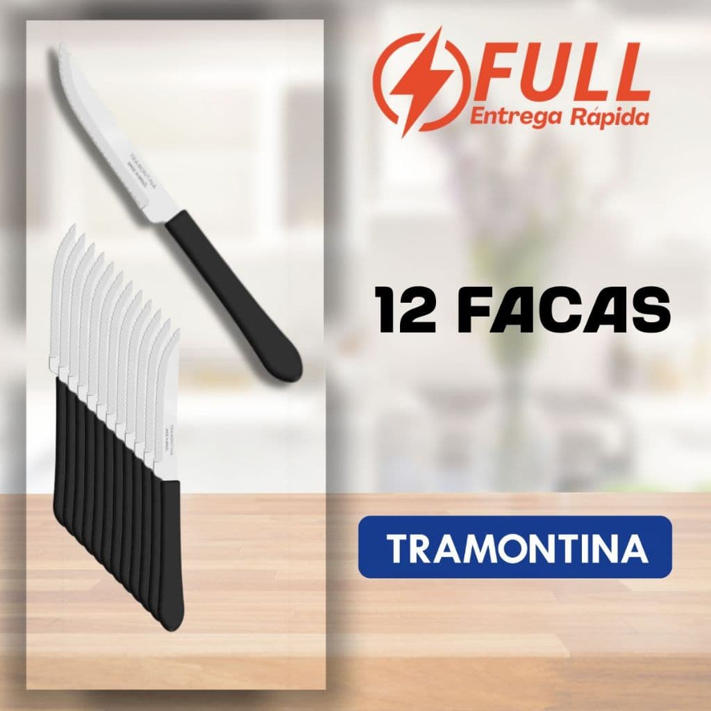 12 Faca De Mesa Inox Tramontina Leme Preto Ref 23180404