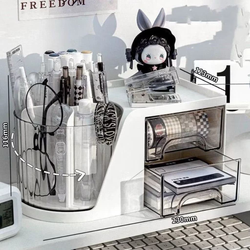 Organizador de Mesa Porta Caneta Com 2 Gaveta e Giratorio