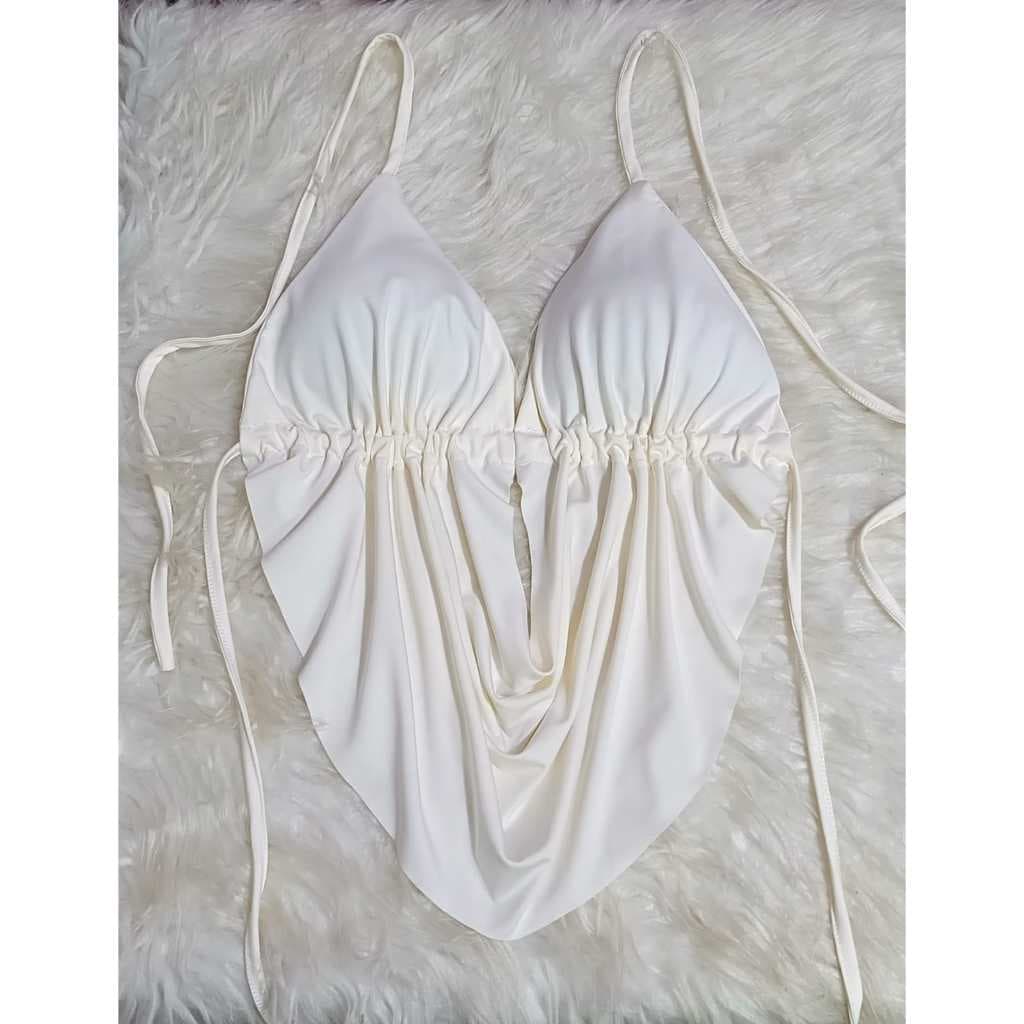 Top Blusa Feminina Gola Boba Frente Unica Decotado Amarração nas Costas Babado