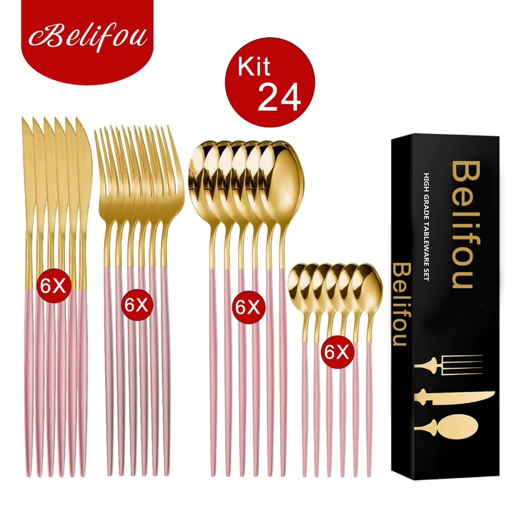 Belifou Kit 24 Jogo De Talheres Aço Inoxidável 416 Rosa Dourado Resistente ao Desbotamento