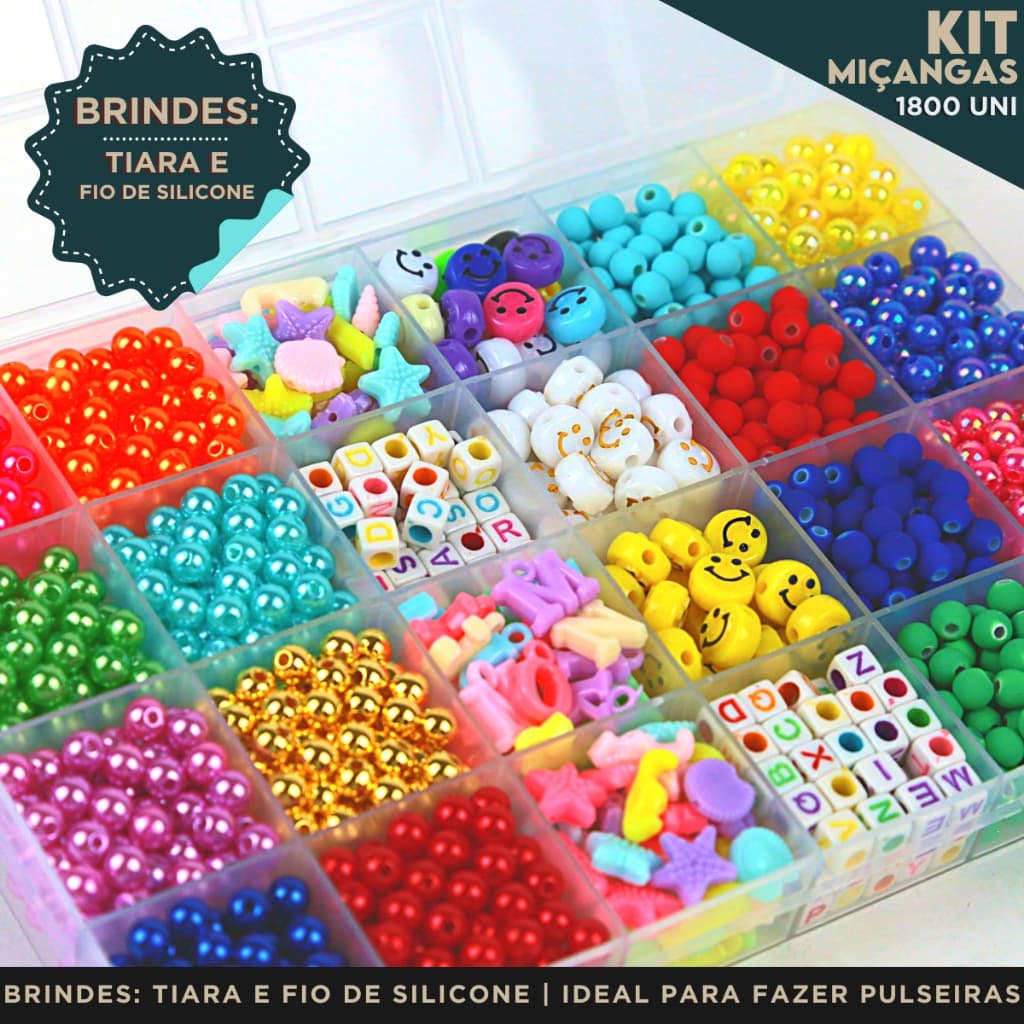 Kit de Miçangas Infantil C/1800 Peças - Acompanha Tiara e Fio de silicone - MN