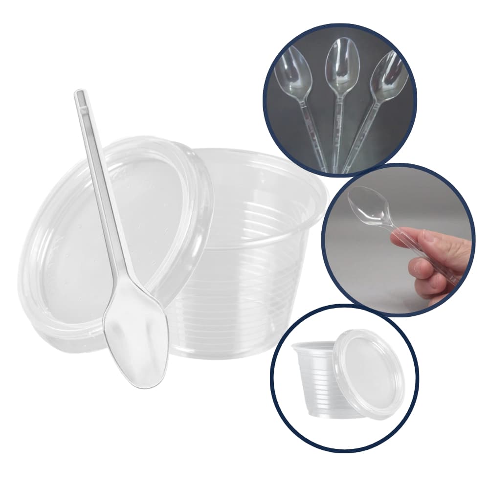 Kit 100 Potes Redondos 100ml Com Tampa Sem Furo E Colher de Sobremesa Transparente e Descartável