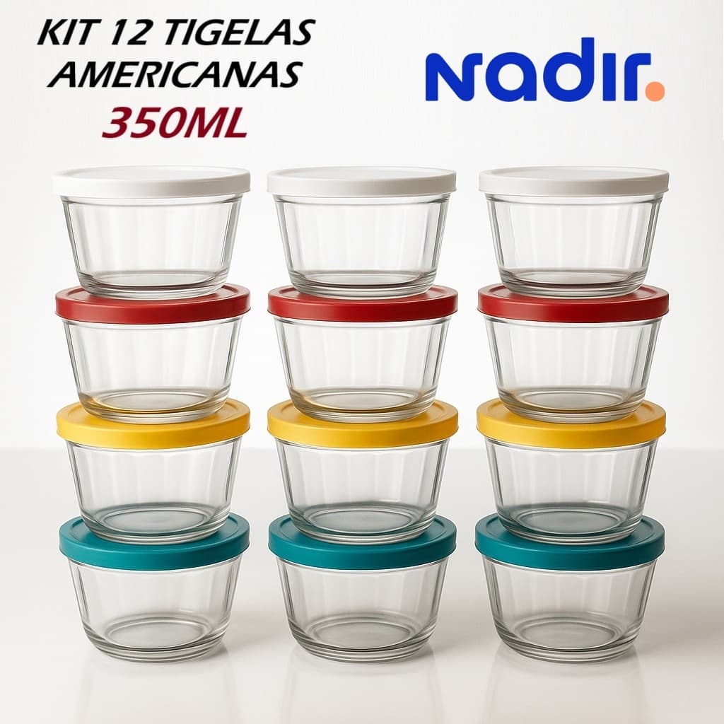 Kit 6 e 12un Tigela Americana Marinex Vidro Com Tampa 350ml Colorida Armazenamento Pote Nadir