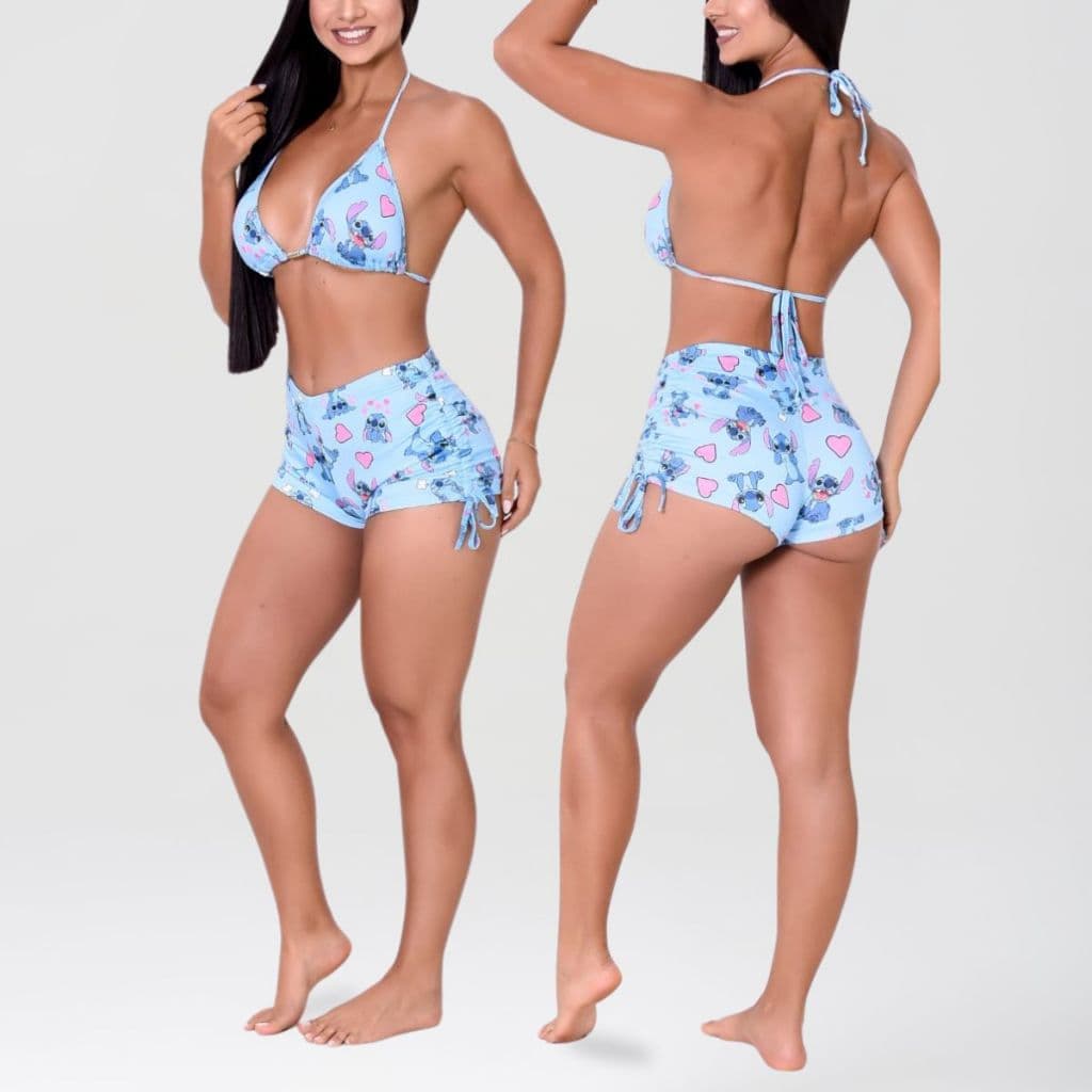 Conjunto Stitch Short Bíquini Com Bojo Sunkini Curtininha Piscina com Ajustes nas Laterais Amarrar Forrado Moda Praia