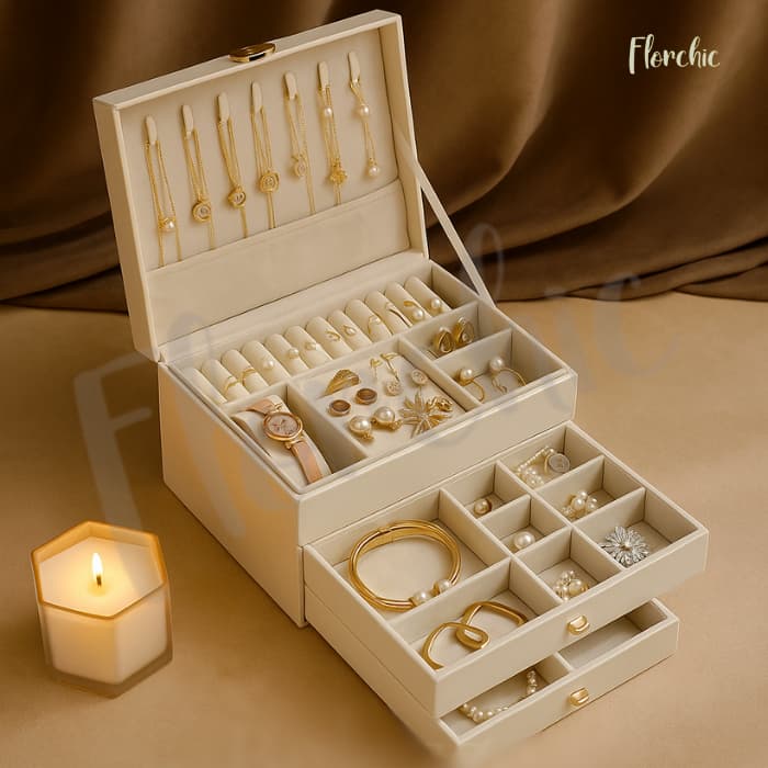 Caixa de Porta Joias Multifuncional Veludo com Divisórias Com 3 Camadas De Alta Qualidade / Com ou Sem Chave