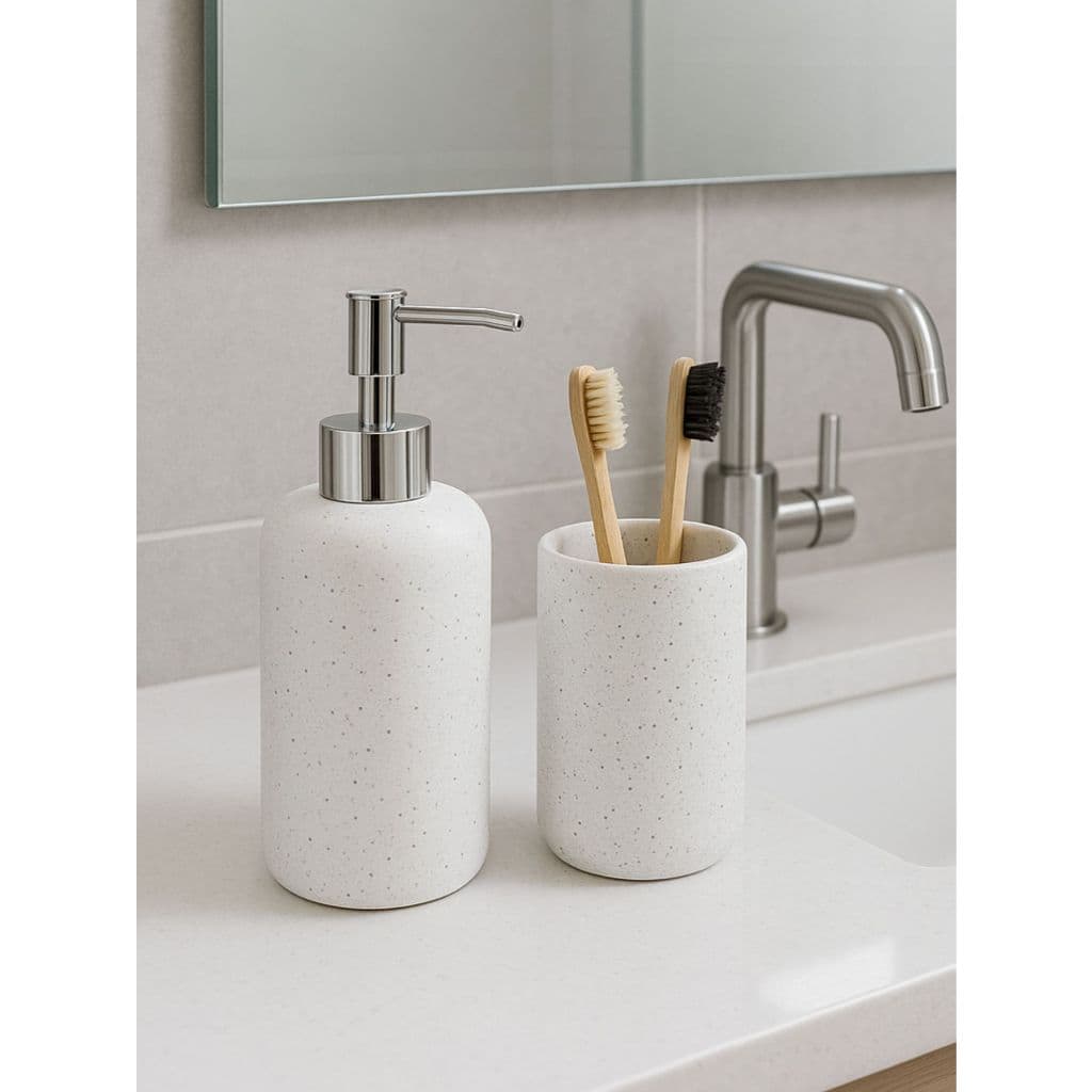 Kit Acessórios De Banheiro Lavabo 2 Peças Cerâmica Porta Escova e Porta Sabonete Líquido 300ml Branco MIMI