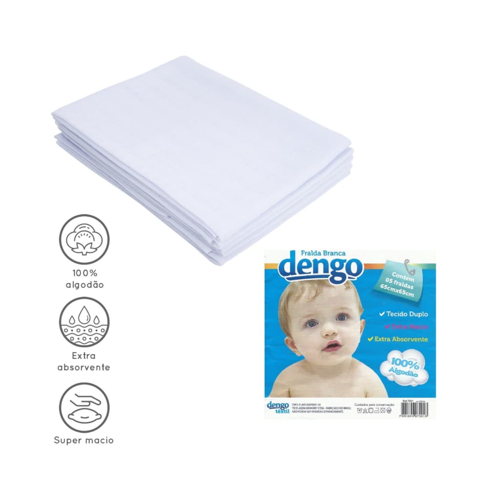 Fralda de Pano Dengo | 5 unidades | 65×65 cm | Algodão | Tecido Duplo