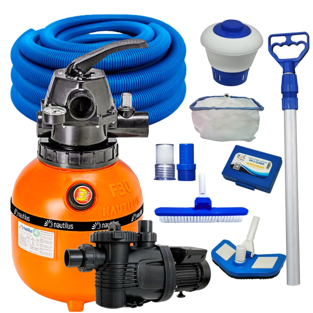 Filtro de Areia Nautilus F300P e Bomba 1/4cv 220v Para Piscina Com Kit Completo de Limpeza e Manutenção