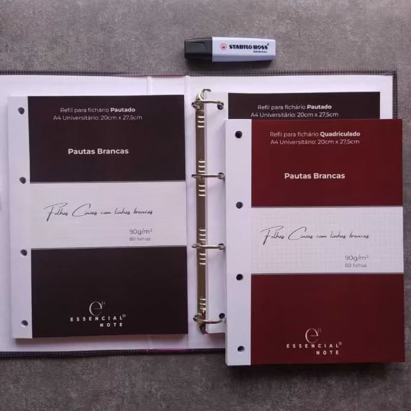 Refil Essencial Note Bloco Linhas Brancas e Cinzas p/ Fichário A4 90g/m2 c/ 80 Folhas