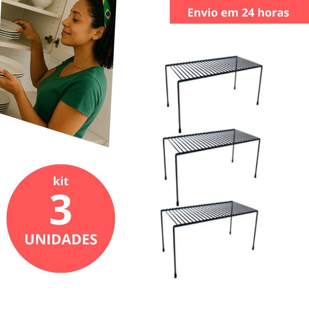Kit 3 Organizadores de Pratos Médio para Armário Aramado Cozinha Prateleira Porta Louças