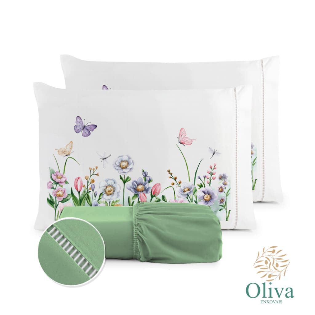 Kit Jogo de Cama Estampado Micropercal 400 Fios Ponto Palito - Composê