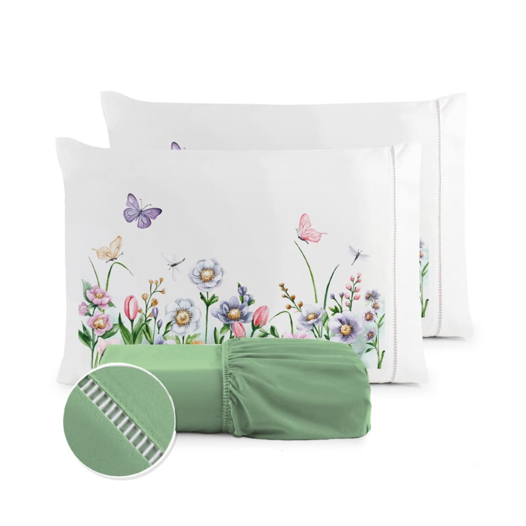 Kit Jogo de Lençol Micropercal 400 Fios Ponto Palito Fronha Estampada