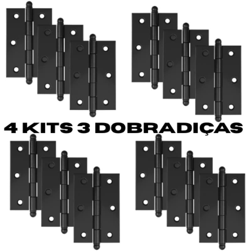 4 Kits 3 Dobradiças De Aço 3 1/2” Pino Bola Com Parafusos
