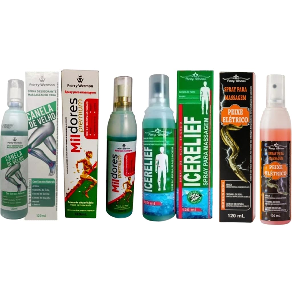 Kit 4x Spray Para Massagem Icerelief + Peixe Elétrico + Mildores + Canela de Velho 120ml Pierry Wermon