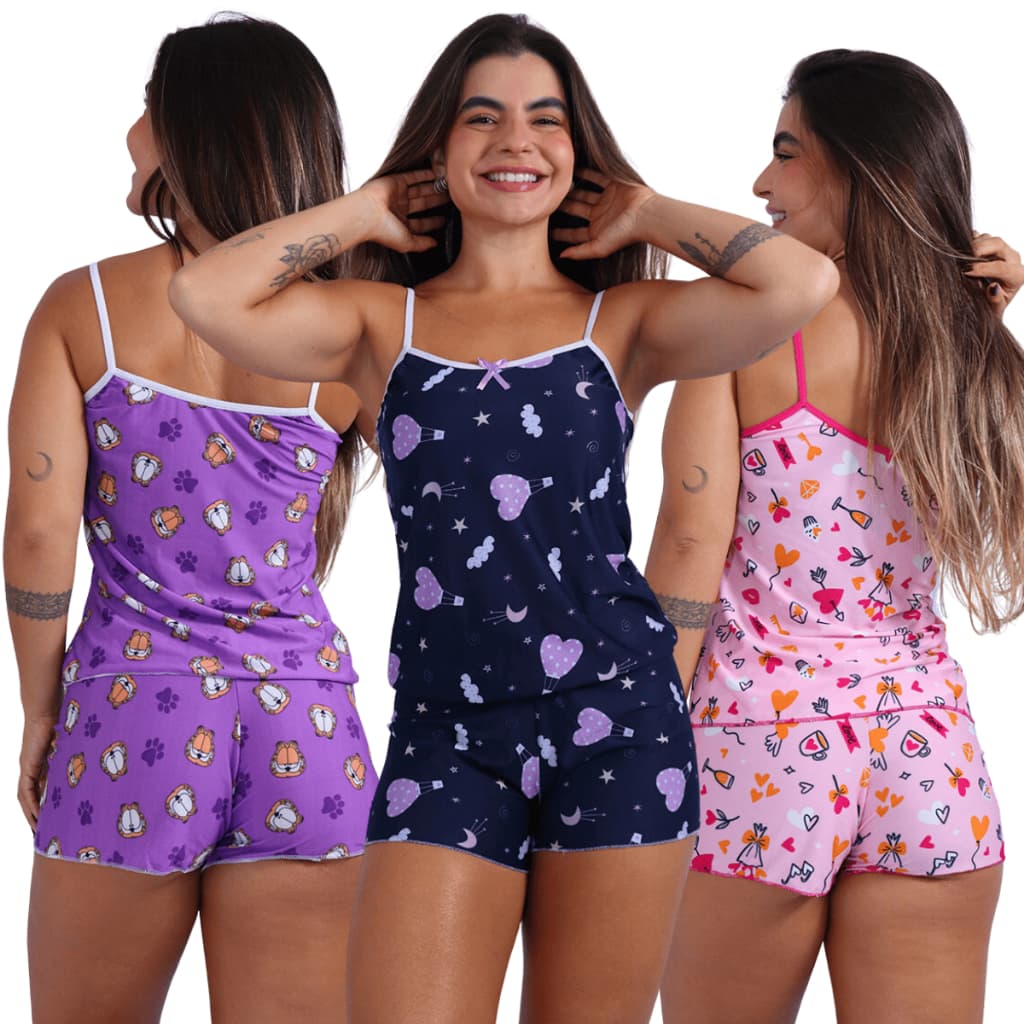 Kit 3 Conjuntos Baby Doll Short Doll Sem Bojo Estampas Variadas