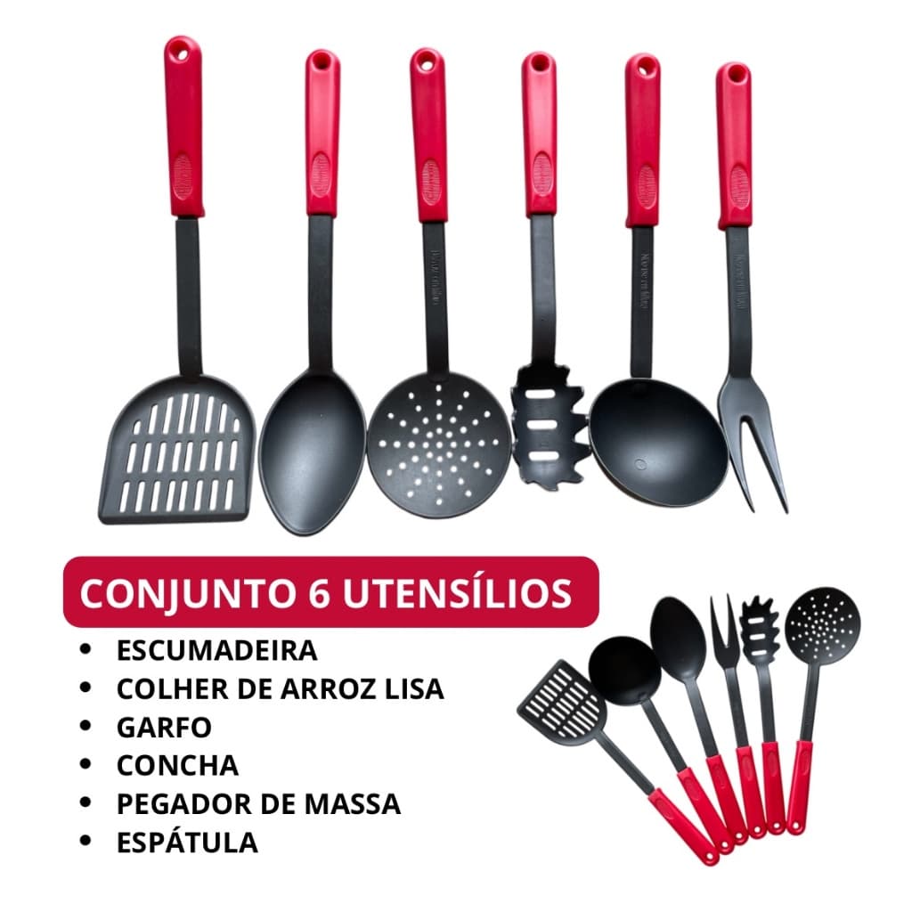 Kit Utensílios De Cozinha Vermelho Jogo Completo Colher Silicone 12 Peça Colheres Antiaderente Nylon