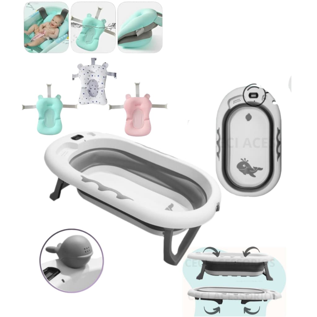 Banheira dobrável flexível com termômetro e almofada de banho flutuante com trava de segurança bebe