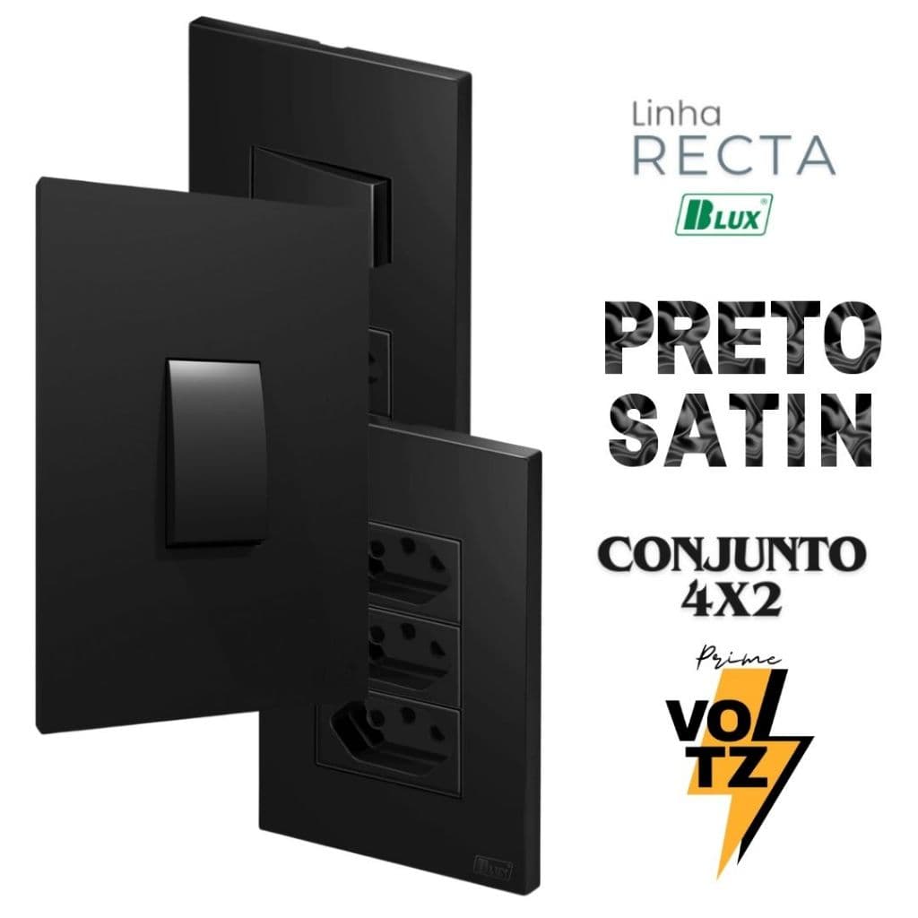 Conjunto Tomada Preto 10a 20a Tomada 4x2 Interruptor Simples Paralelo Recta Black Satin Fosco BLUX