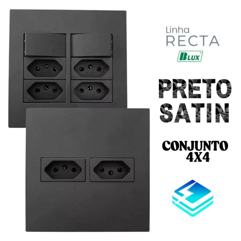 Conjunto Tomada Preto 4x4 10a 20a Interruptor Simples Paralelo Recta Preta Black Satin Fosco BLUX