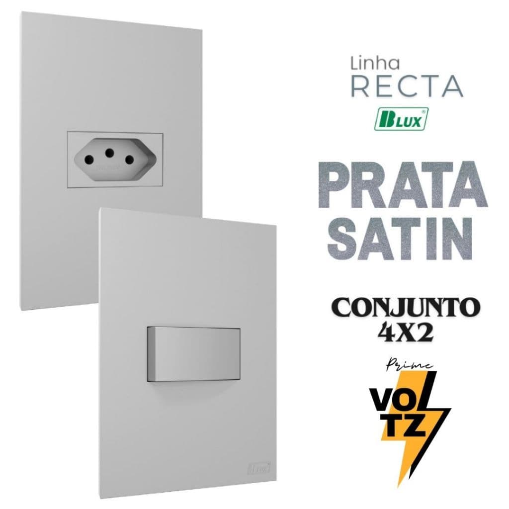 Conjunto Tomada Prata 10a 20a 4x2 Interruptor Simples Paralelo Recta Prata Satin Fosco BLUX