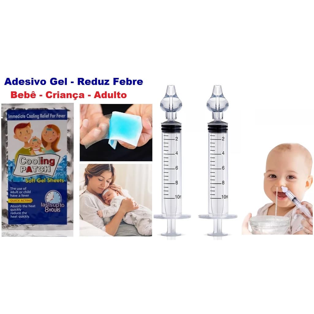 2 seringas lavagem nariz catarro Bebê Criança + 2 adesivos Gel Compressa Reduz Febre Dor  Vacina