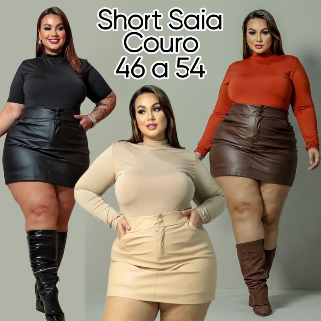 SHORT SAIA DE COURO PLUS SIZE CÓS ELASTICO LOOK FESTIVAL CURVE OUTONO INVERNO G1 G2 G3