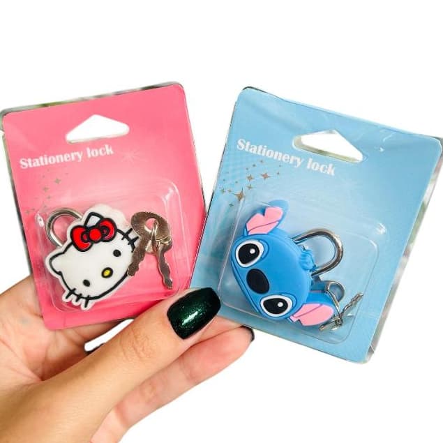 Cadeado Infantil Stitch e Hello Kitty Chave Reserva Personagem Filme Cadeadinho Presente Fofo Viagem