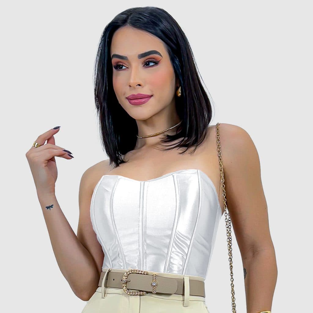 Cropped Corset Feminino Bico Acetinado Luxo Amarração Top
