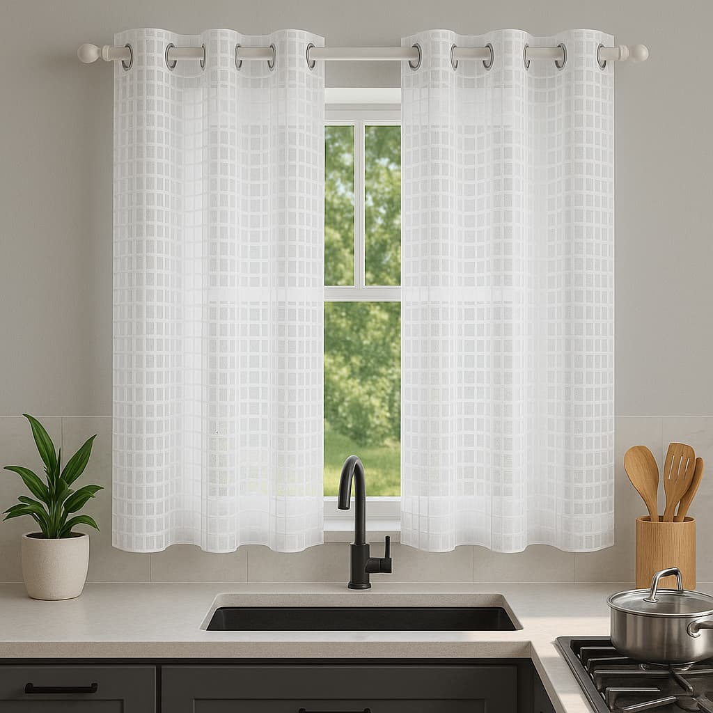 Cortina de Cozinha  Voal Transparente Janela Branca  Xadrez 2,20 x 1,40  Básica Tecido Leve Ilhós Cromado