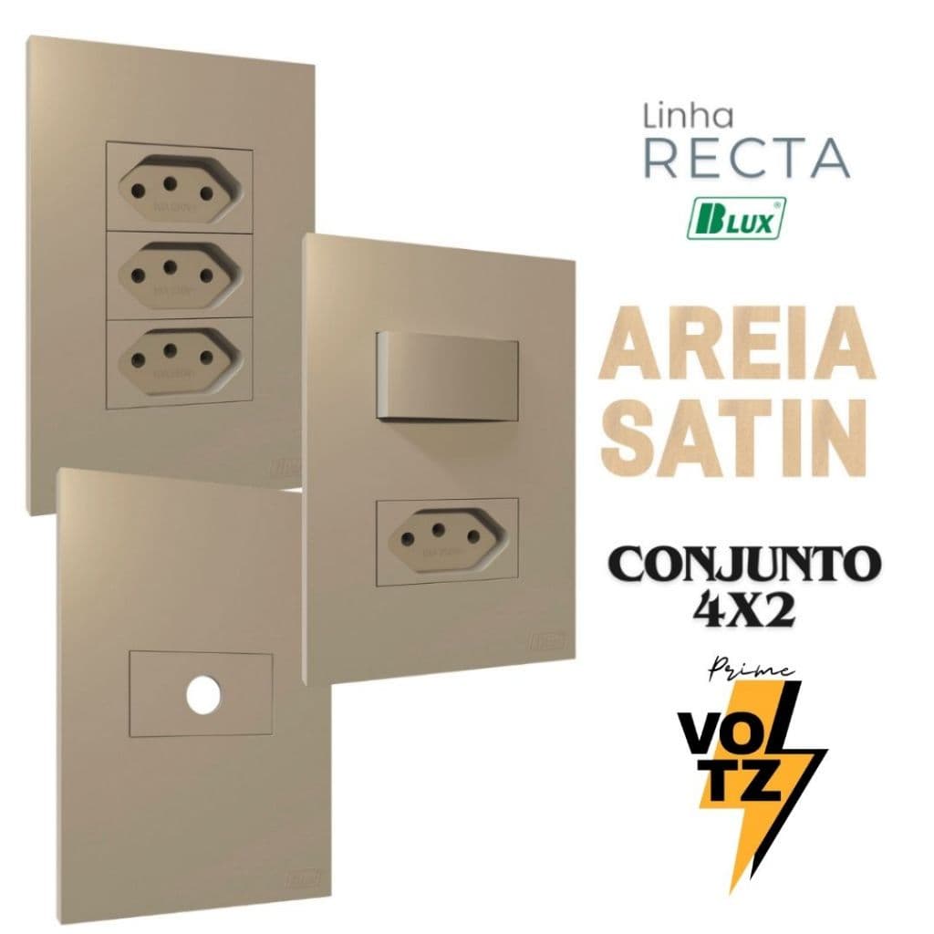 Conjunto Tecla Areia 4x2  Tomada 10a 20a Interruptor Duplo Simples Paralelo Recta Areia Satin Fosco BLUX