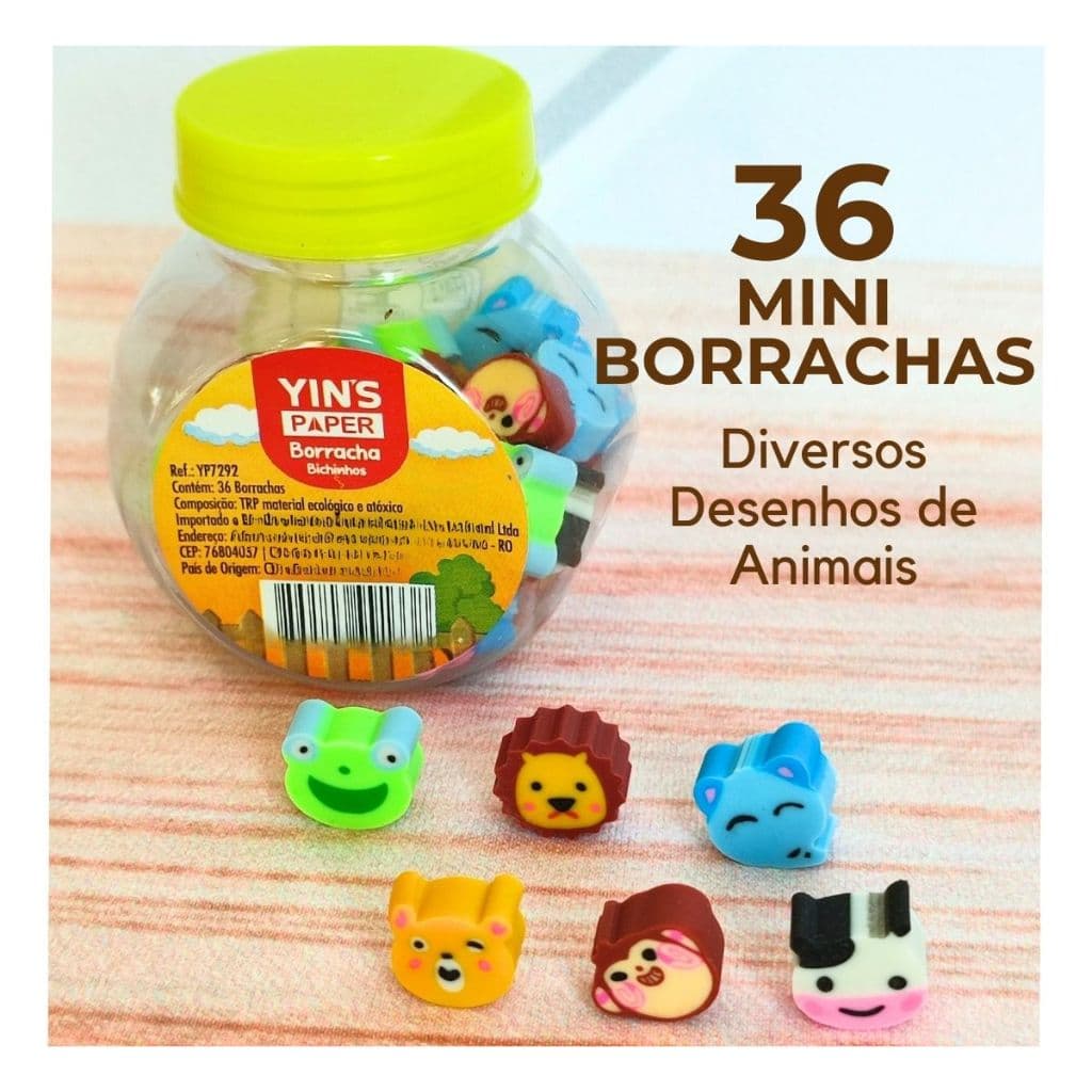 Potinho com 36 Mini Borrachas em Formato de Bichinhos – Yin’s Paper