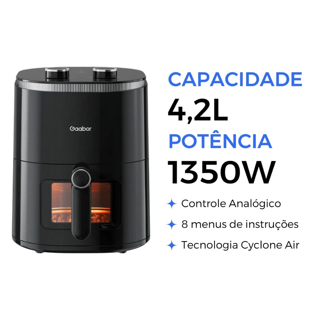 Air Fryer Gaabor Duo 4,2L – Analógica, Visor Transparente, Sem Óleo, 127V/220V