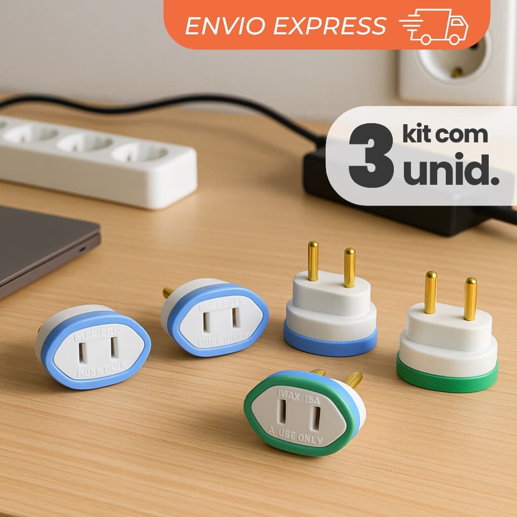 Kit Com 3 Adaptador De Tomada Americano Pino Chato Para Brasileiro Brasil Bipolar Padrão NBR 10A