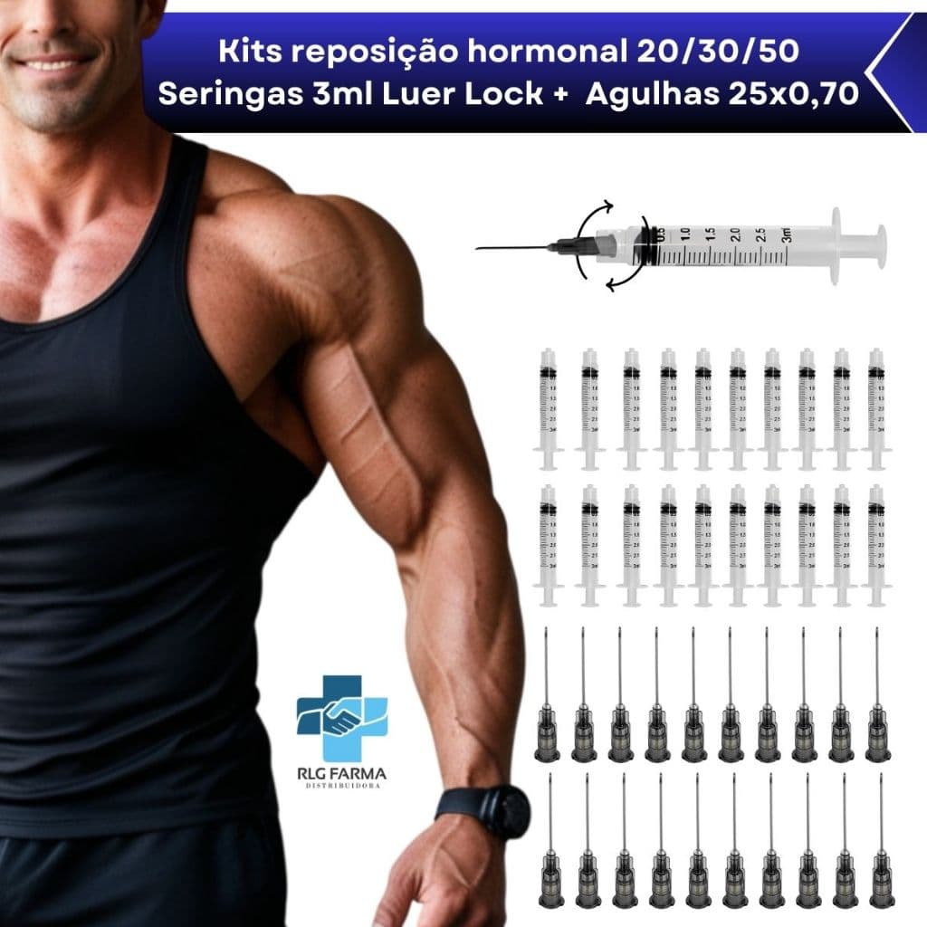 Kit Reposição Hormonal Seringa 3ML Luer Lock Rosca + Agulha 25x0,70 Com 20/30/50 Un