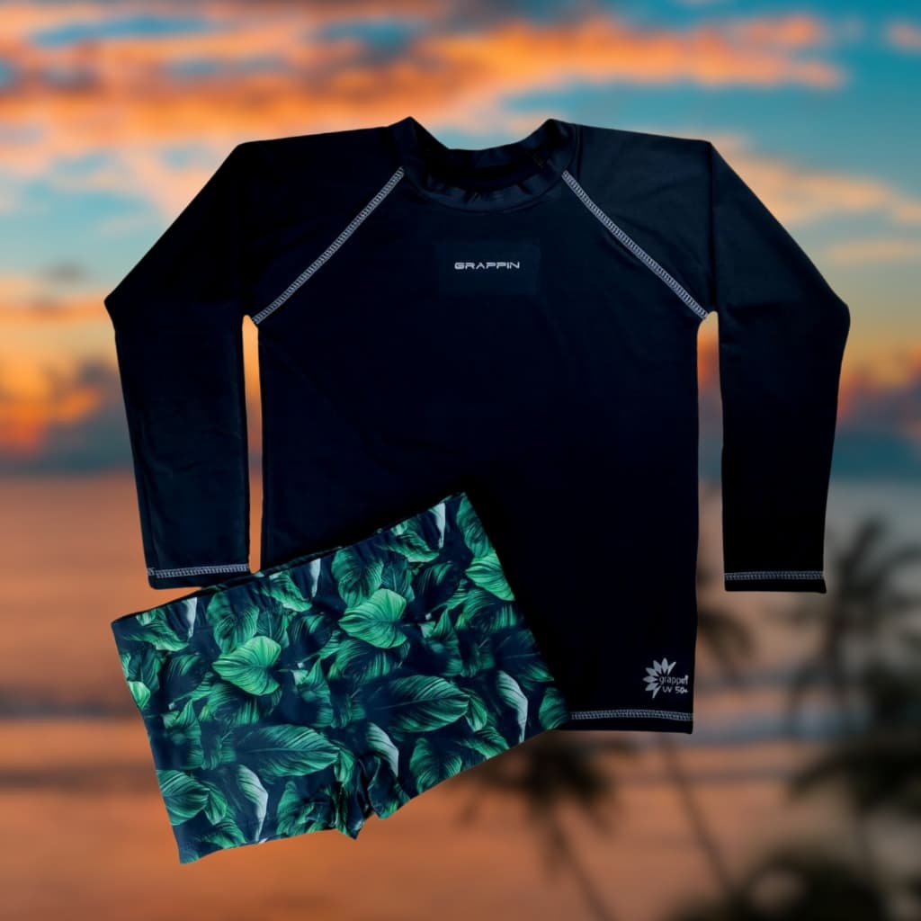 Conjunto Camiseta e Sunga Boxer Juvenil Folhagens Grappin