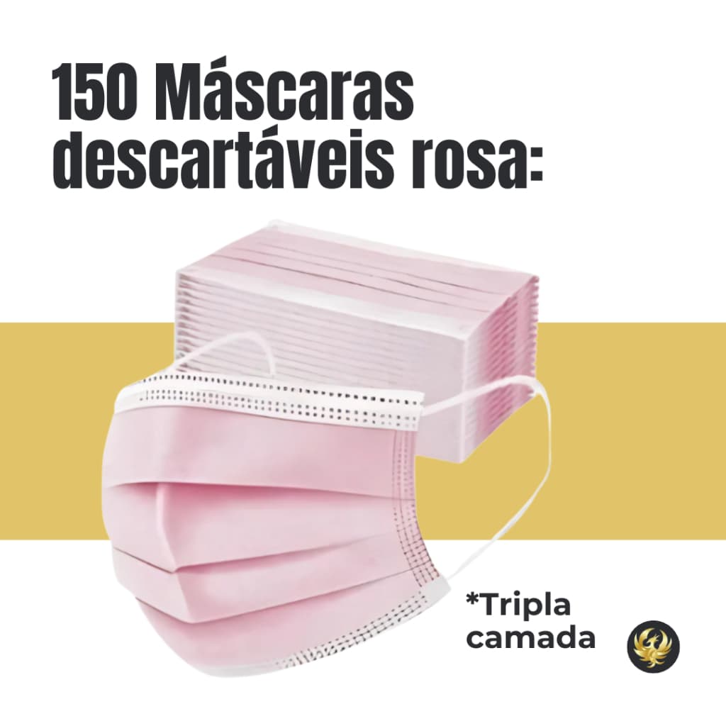 Kit 150 Máscara Descartável ROSA TNT Tripla Camada Adulto