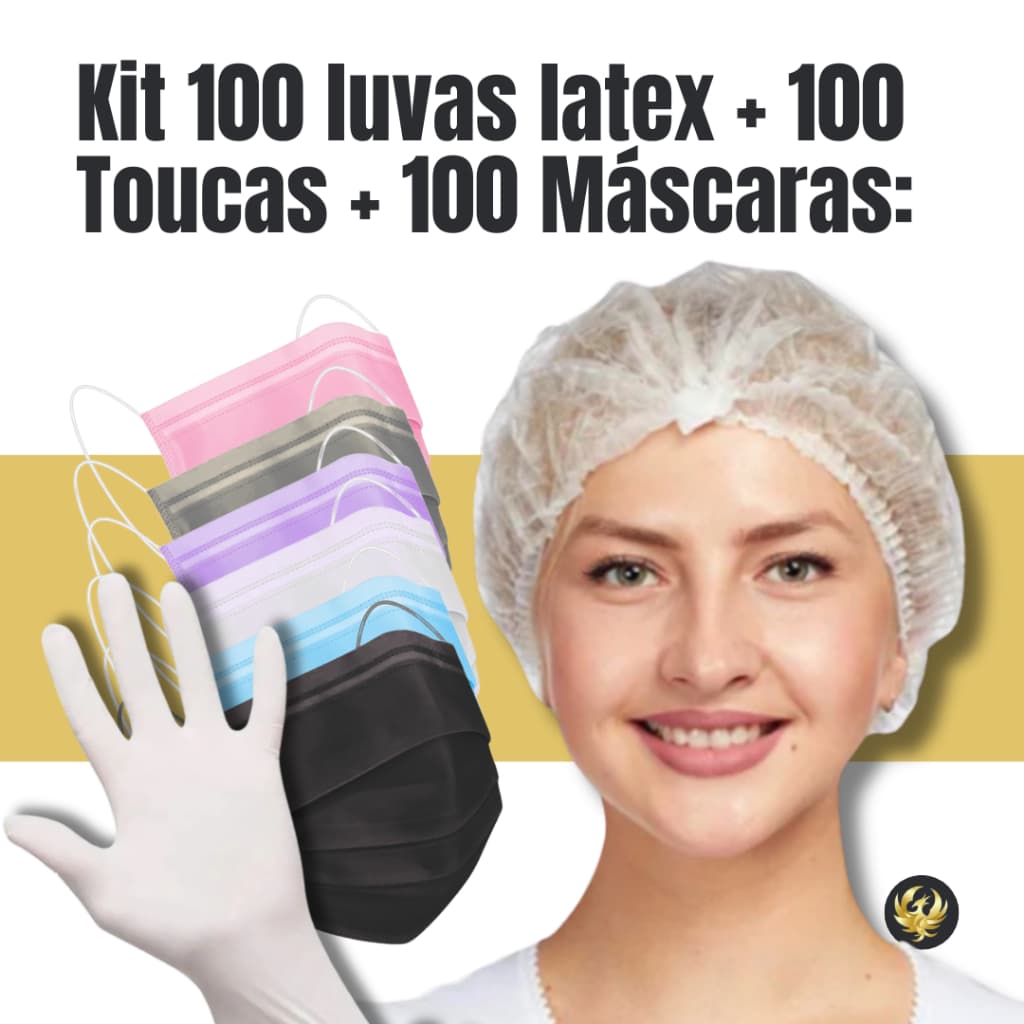 100 Luvas Látex Com Pó Tam PP,P,M,G + 100 Toucas Brancas Descartável+ 100 Máscaras Descartáveis TNT