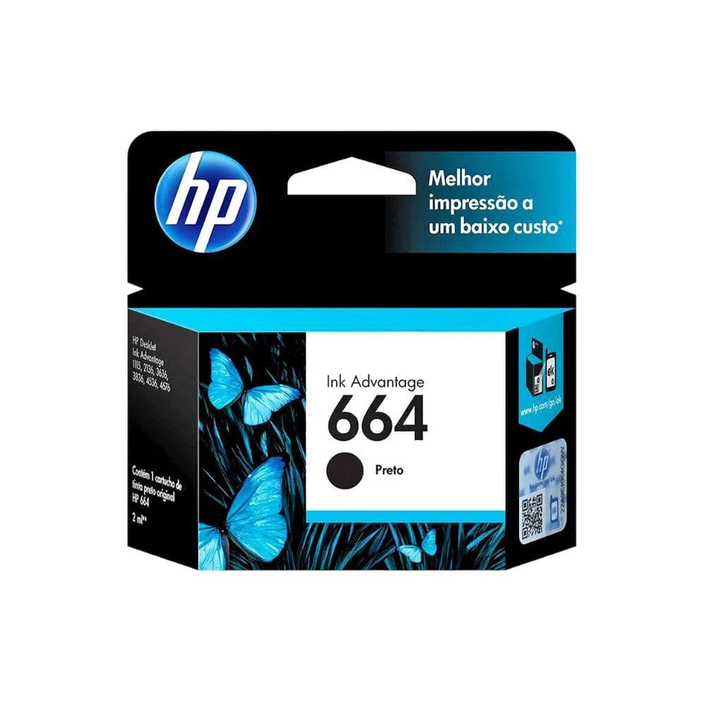 Cartucho de Tinta HP 664 - Preto - F6V29AB - 2136, 2676, 3776, 5076, 5276, 4535, 4675, 2135, 3835