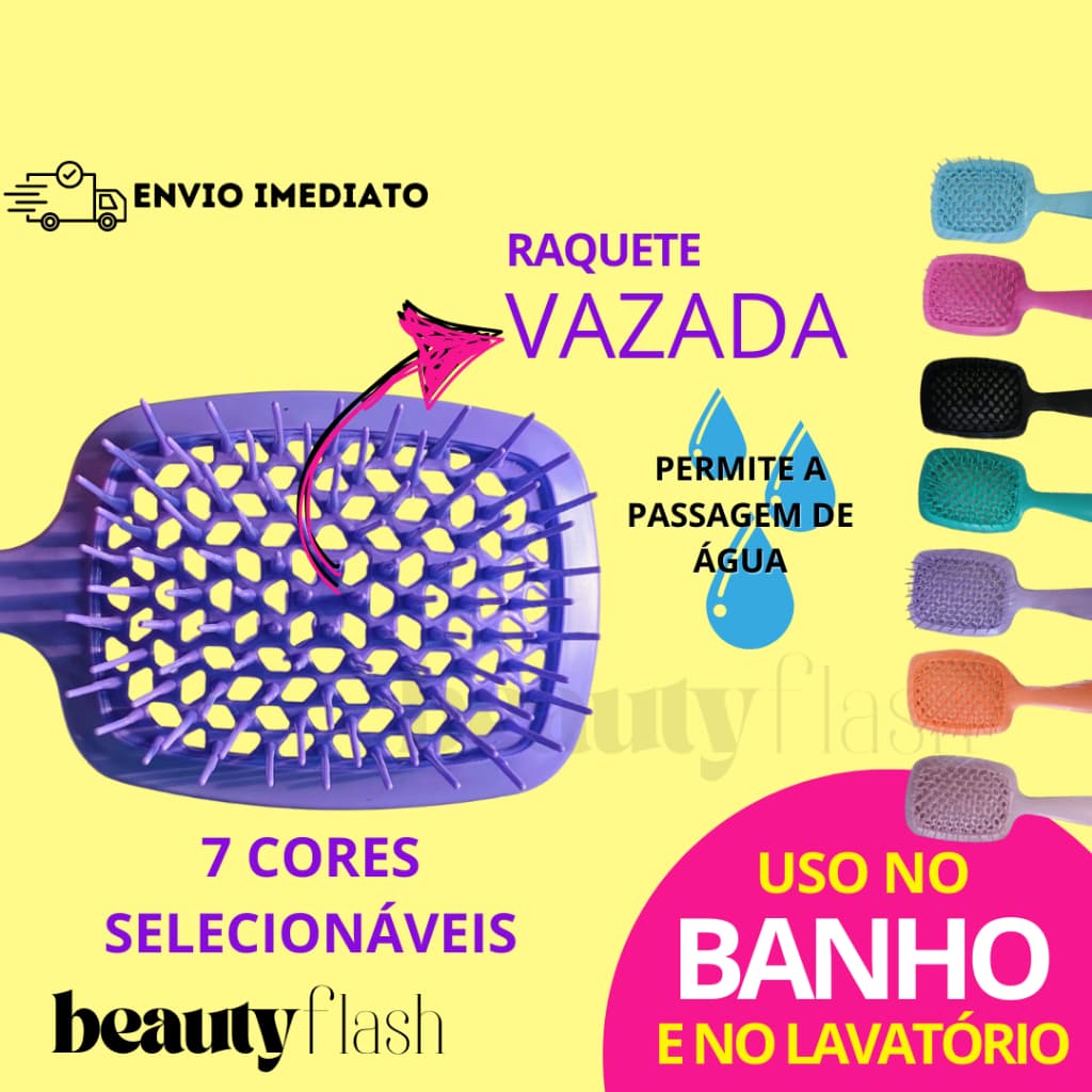 Escova Raquete Vazada Beauty Flash para Banho e Lavatório Shampoo em Cabelo Seco ou Molhado