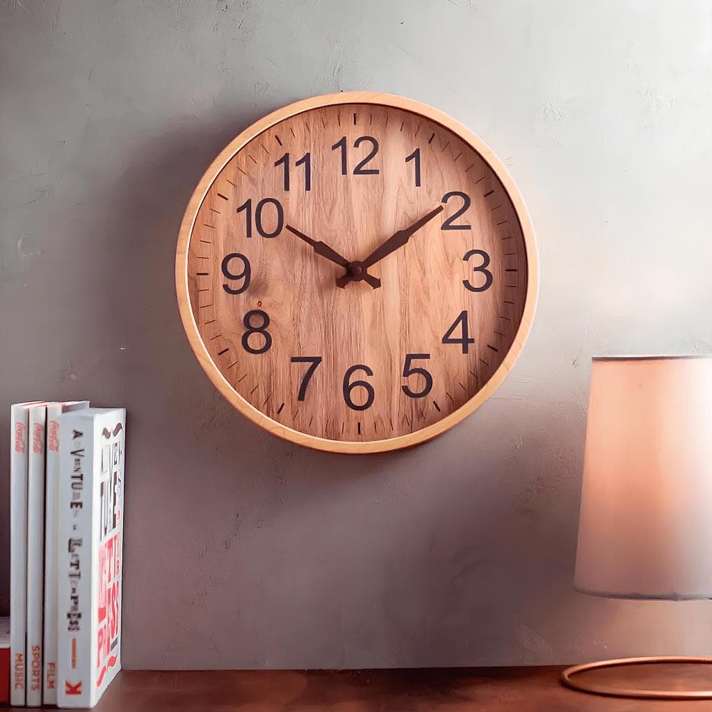Relógio de Parede Decorativo 24cm Marrom Claro Estilo Madeira Natural Silencioso Moderno e Leve