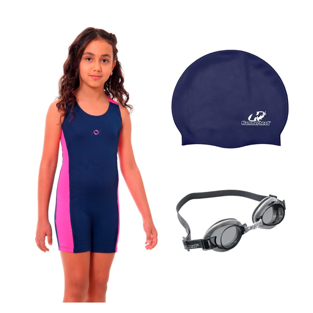 Kit Maiô Macaquinho Natação Juvenil Infantil Touca Silicone + Óculos Uv