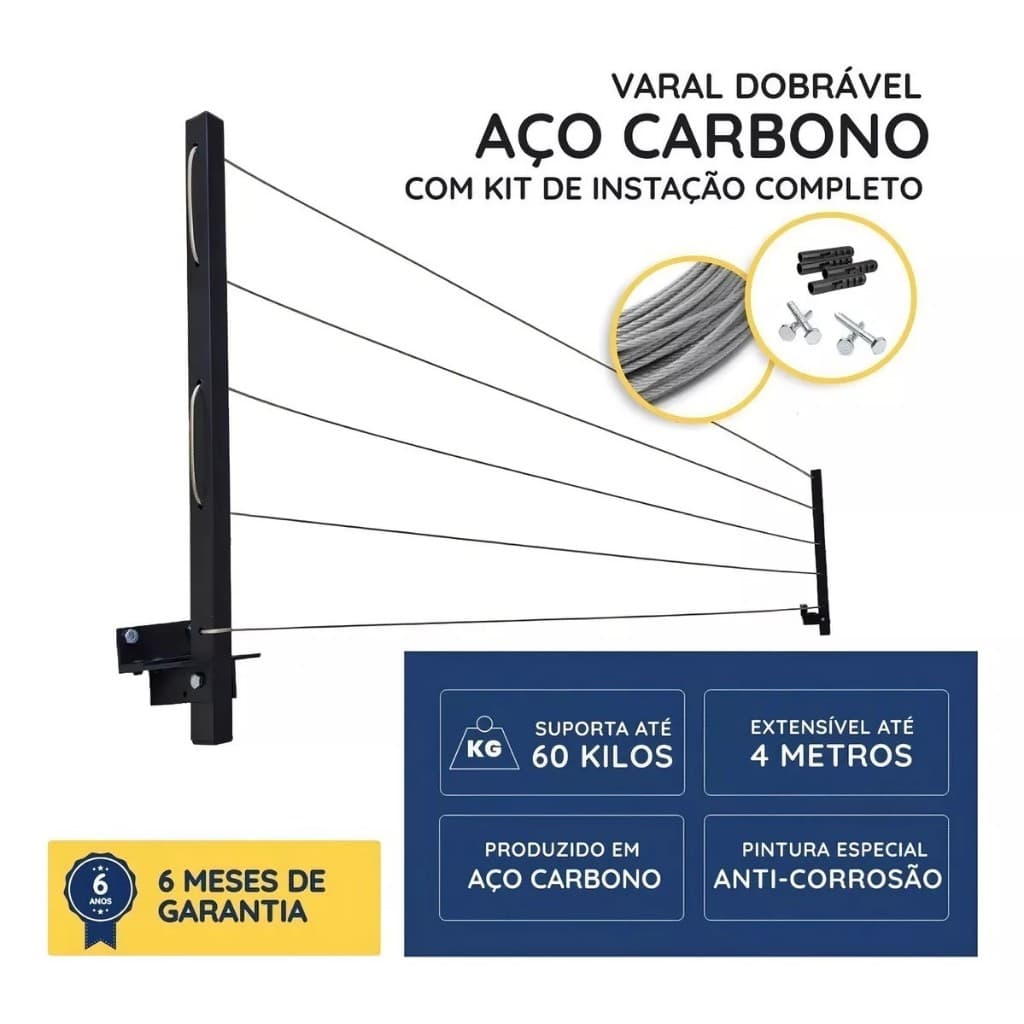 Varal Retrátil, Dobrável De Parede Em Aço, Cabo De Aço Encapado ENVIO IMEDIATO
