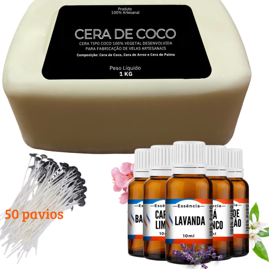 KIT Cera de Coco 1kg  + Essência de 10ml + 50 Pavios