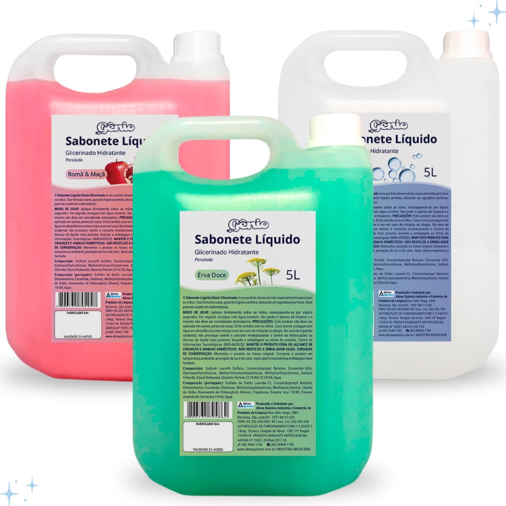 Sabonete Liquido 5 Litros C/ Hidratante -  Erva Doce, Romã Com Maçã, Neutro, Floral