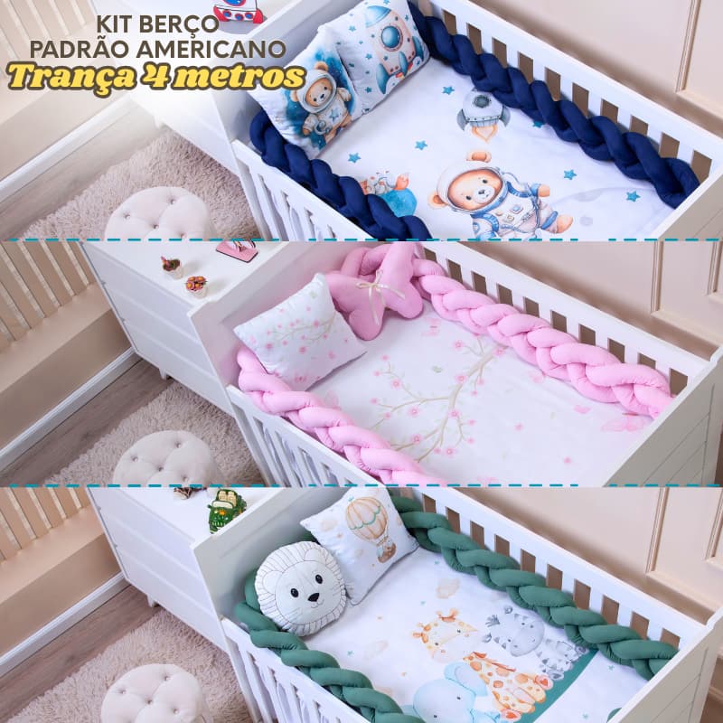 Kit Berço Padrão Americano e Nacional Trança 4 metros Lençol Almofada Bordada e Estampada 4 peças