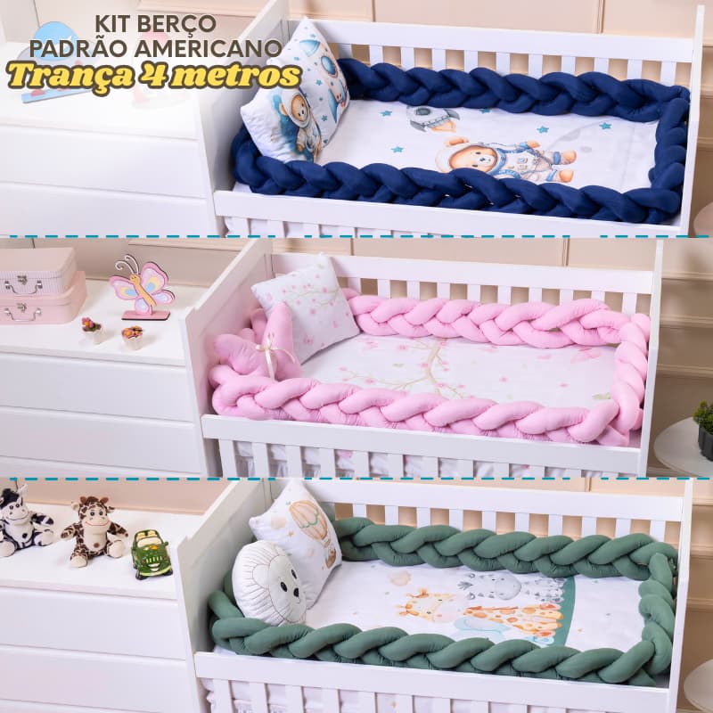Kit berço Americano Nacional 4 peças menina menino Protetor trança 4 metros lençol almofada bordada