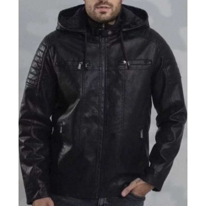 JAQUETA MASCULINA COM CAPUZ COURO ECOLÓGICO CASACO FORRADO